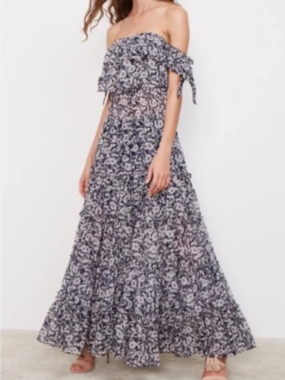 MISA ‘Anais’ Tiered Floral Off the Shoulder Tie Navy/Cream White Maxi Dress XS